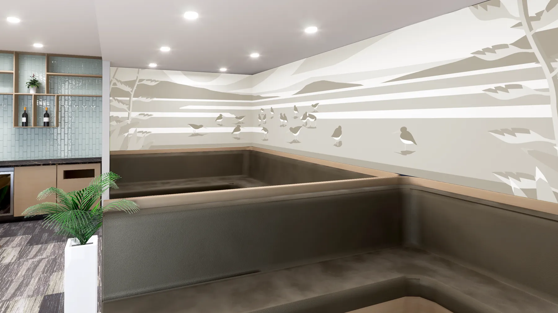 Detail of the bespoke acoustic wall artwork — Manukau wading-bird motif rendered across warm grey acoustic panels.
