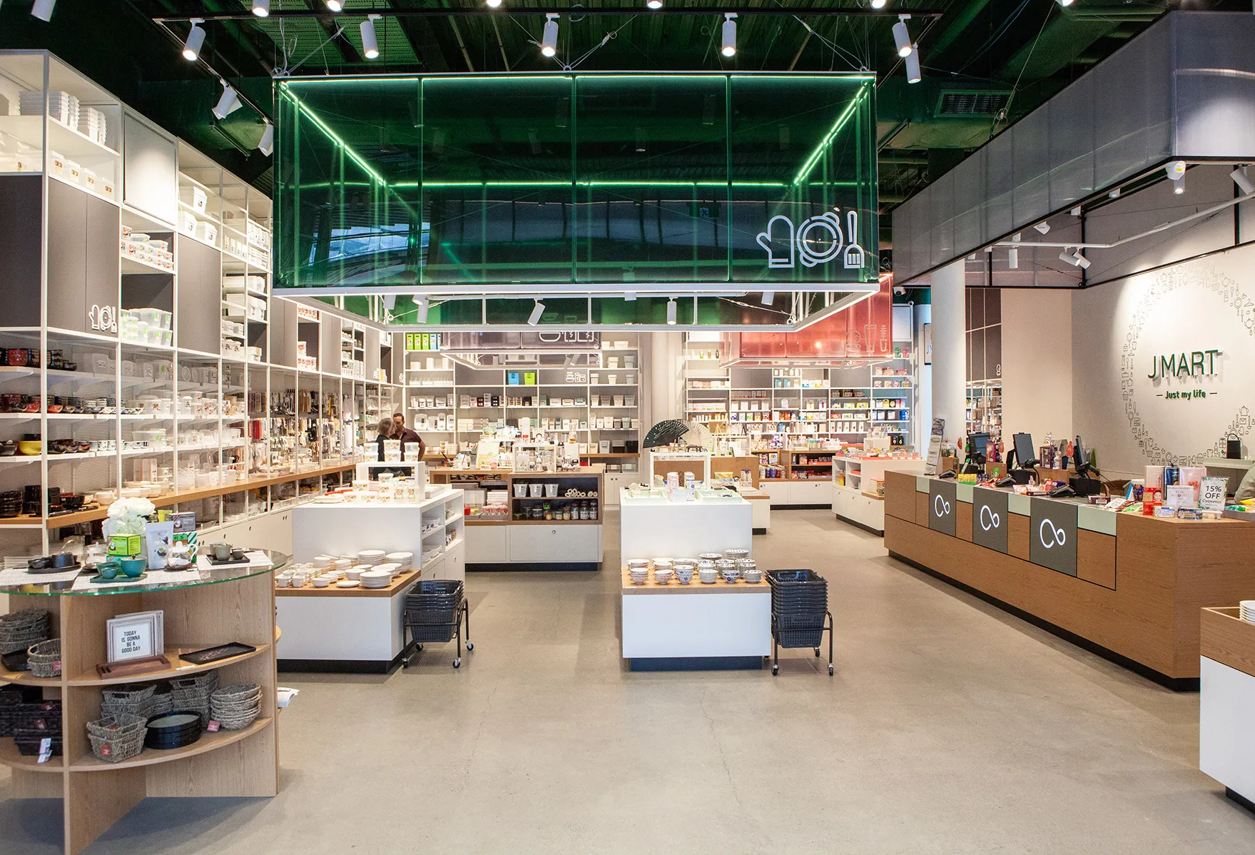 Icon-led signage in situ — wayfinding doubling as brand atmosphere.