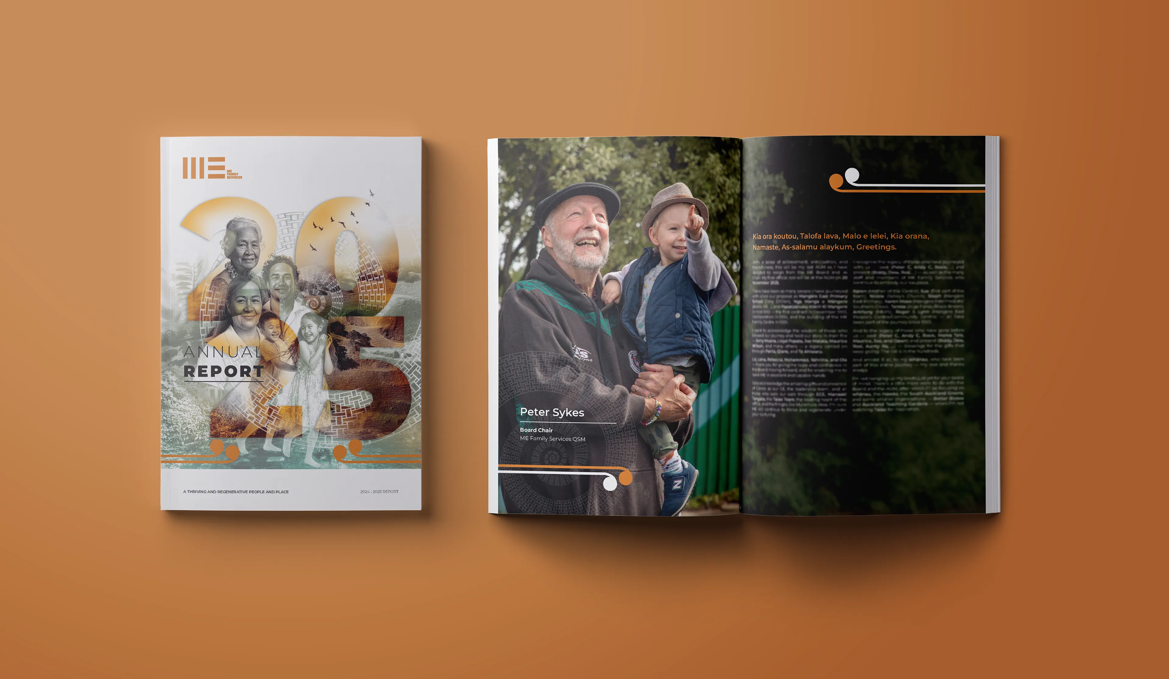 Spread from the 2025 ME Family Services annual report — programme impact data and editorial layout.