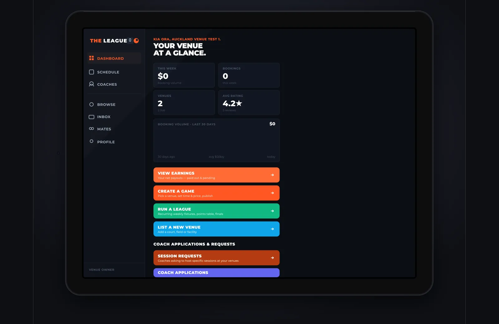 The League venue-owner dashboard — booking volume, venue stats, and host actions: create a game, run a league, list a new venue.