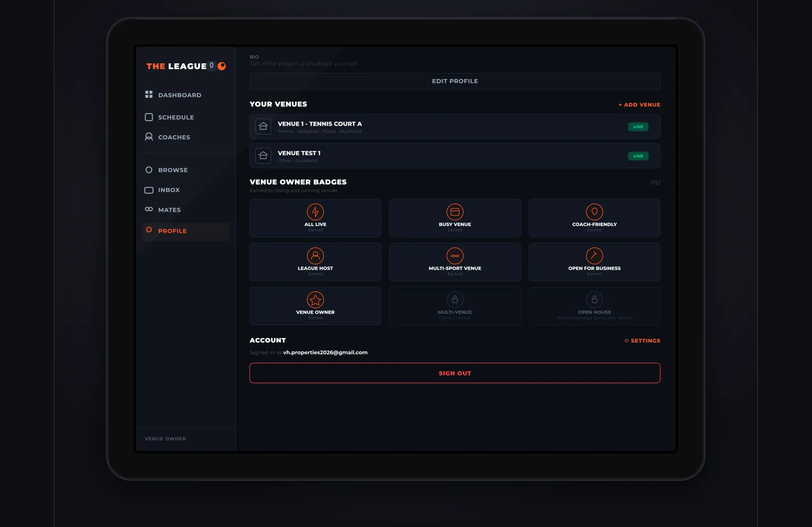 The League venue-owner profile — listed venues with live status and the venue-owner badge collection.